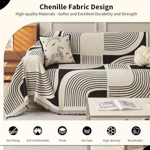 WEYOND Boho Couch Cover Sofa Covers Washable, Chenille Couch Covers for 3 Cushion Couch Sofa Pet Friendly, Bohemian Sofa Slipcovers for Sectional Sofa, Loveseat, 2 3 4 Seater (71" x 150", Black) - Image 3