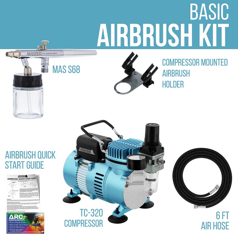 Master Airbrush Multi-Purpose Airbrushing System Kit with Siphon Feed Dual-Action Airbrush 0.35 mm Tip, 3/4 oz Fluid Cup, Pro 1/5 hp Cool Runner II Dual Fan Air Compressor - Hose, Holder, How To Guide - Image 2