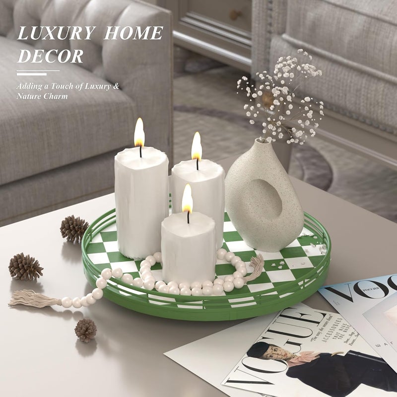 AMH Premium Rubber Wood Lazy Susan Turntable, Green White Checkerboard Decorative Serving Tray, Hand-Welded Metal Railing, Stable Rotating Organizer for Dining Table, Kitchen Counter, Coffee Table Decor - Image 3