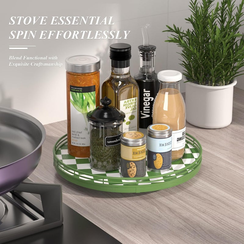 AMH Premium Rubber Wood Lazy Susan Turntable, Green White Checkerboard Decorative Serving Tray, Hand-Welded Metal Railing, Stable Rotating Organizer for Dining Table, Kitchen Counter, Coffee Table Decor - Image 2