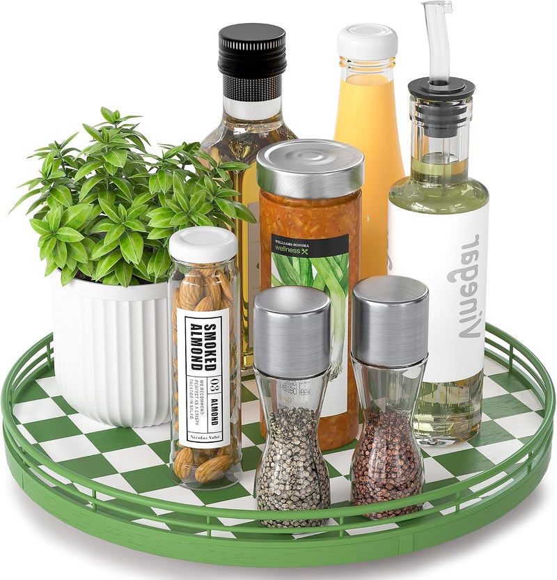 AMH Premium Rubber Wood Lazy Susan Turntable, Green White Checkerboard Decorative Serving Tray, Hand-Welded Metal Railing, Stable Rotating Organizer for Dining Table, Kitchen Counter, Coffee Table Decor - Image 1