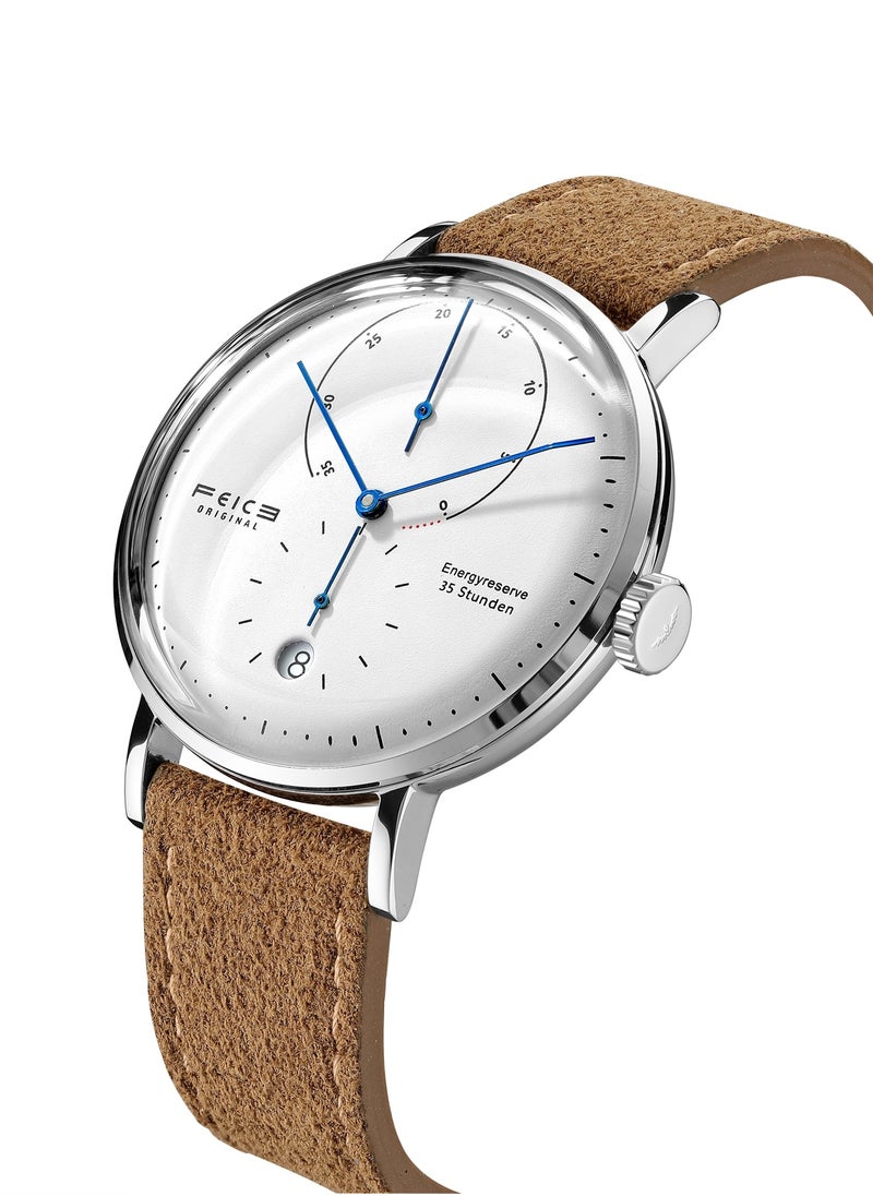 FEICE Men's Mechanical Watch – Elegant Minimalist Design – White Dial with Blue Hands – Brown Suede Leather Strap – Automatic Movement  - Image 2