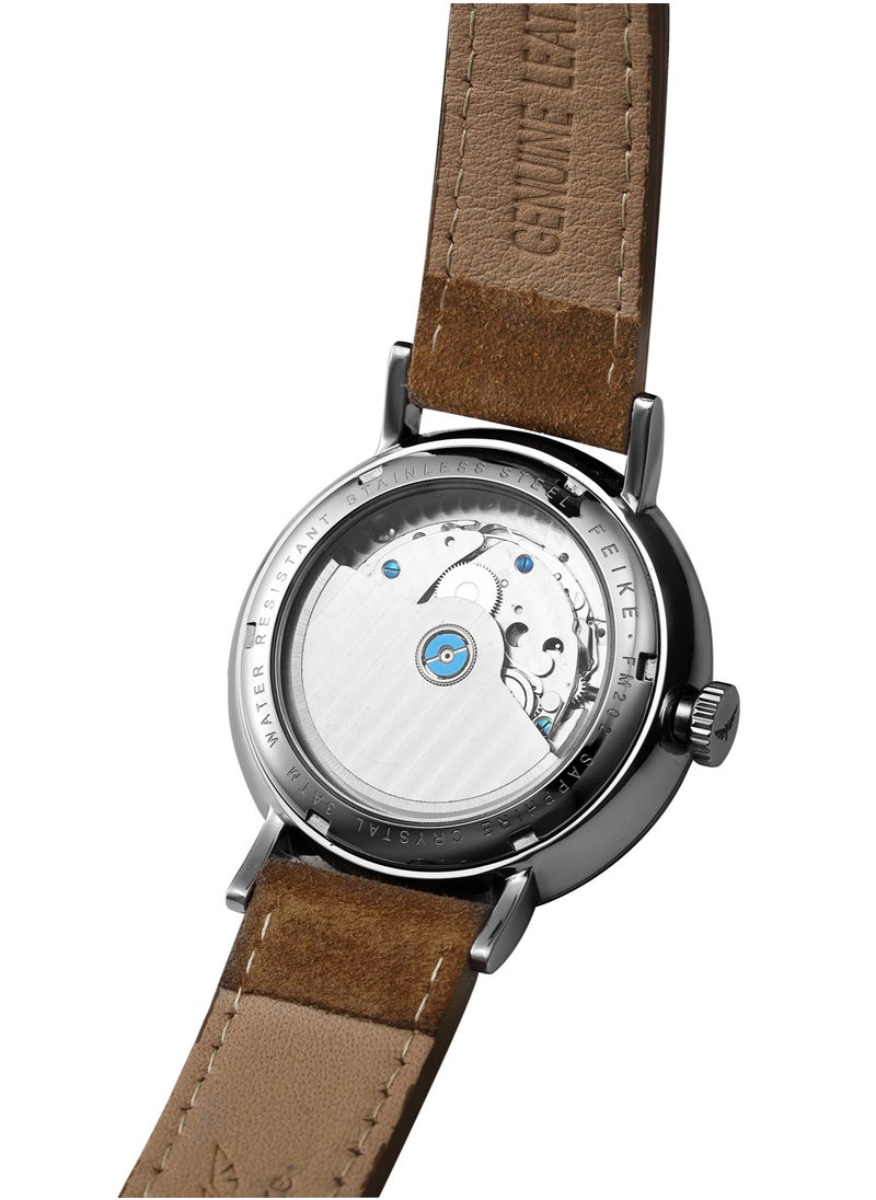 FEICE Men's Mechanical Watch – Elegant Minimalist Design – White Dial with Blue Hands – Brown Suede Leather Strap – Automatic Movement  - Image 3