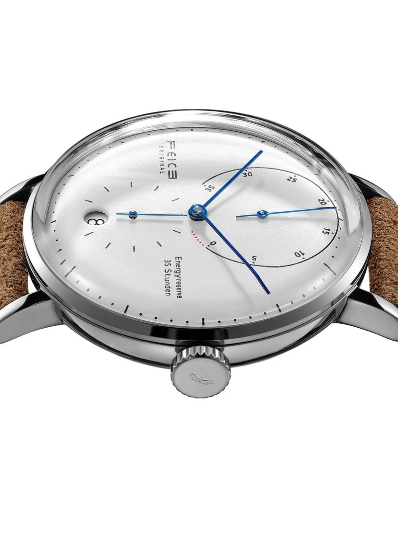 FEICE Men's Mechanical Watch – Elegant Minimalist Design – White Dial with Blue Hands – Brown Suede Leather Strap – Automatic Movement  - Image 4