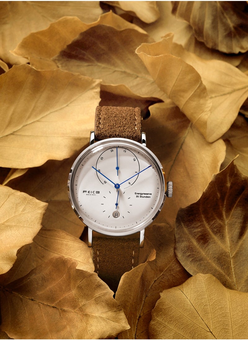 FEICE Men's Mechanical Watch – Elegant Minimalist Design – White Dial with Blue Hands – Brown Suede Leather Strap – Automatic Movement  - Image 5