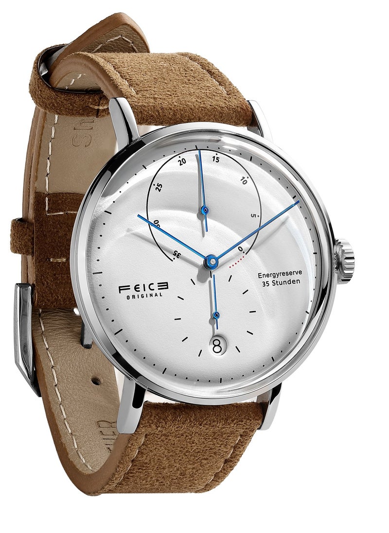 FEICE Men's Mechanical Watch – Elegant Minimalist Design – White Dial with Blue Hands – Brown Suede Leather Strap – Automatic Movement  - Image 1