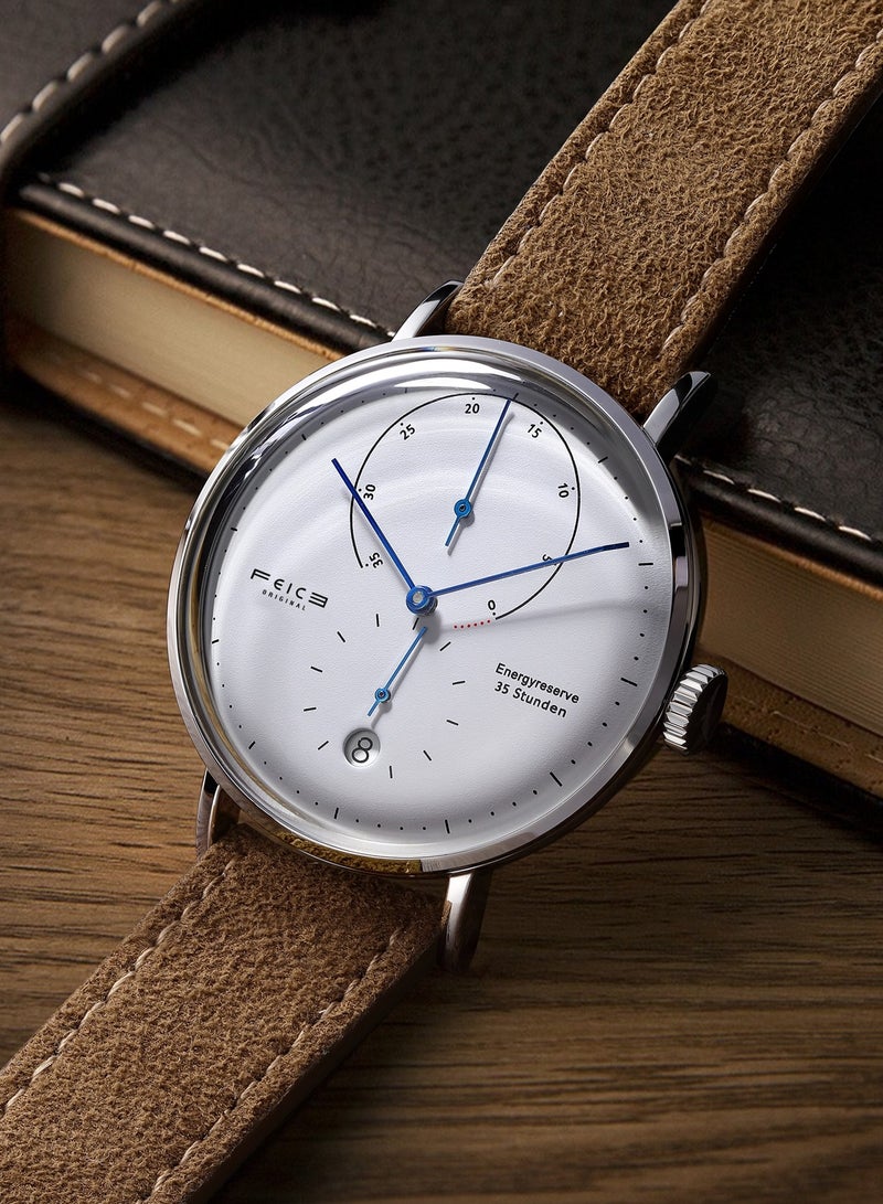 FEICE Men's Automatic Mechanical Watch with Curved Mineral Crystal, Stainless Steel Case, Brown Genuine Leather Strap – Classic Elegant Design - Image 5