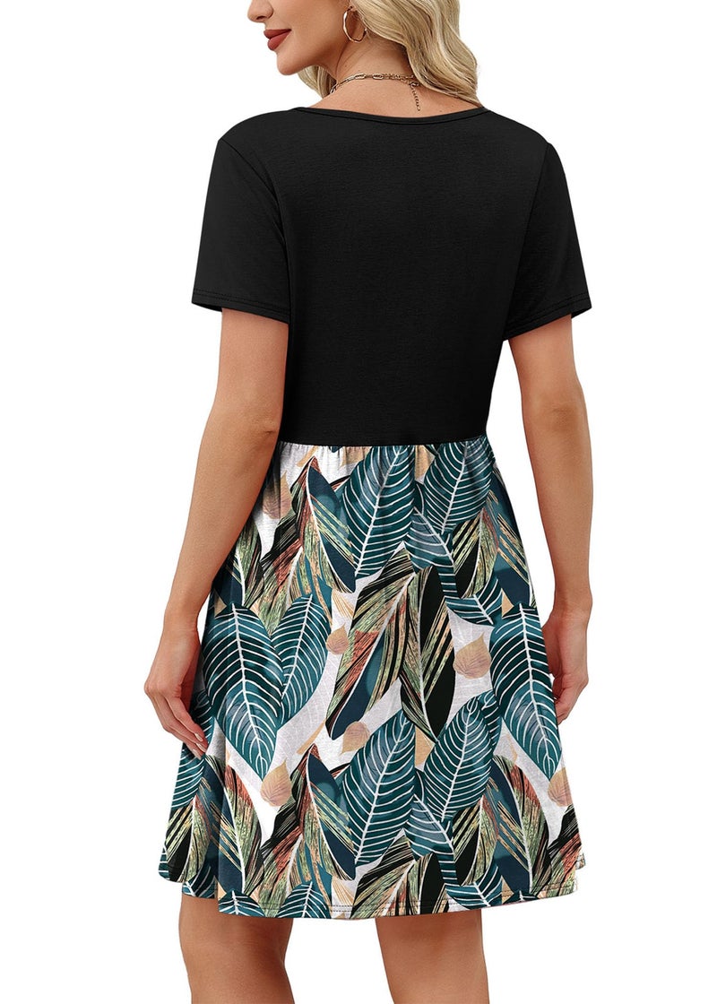 OFEEFAN Summer Dresses for Women 2026 Casual Spring Outfits Fashion Clothing Square Neck Hawaiian Dress Beach Vacation Clothes Flowy Sun Dress Short Sleeve T Shirt Dress Tropical Leaf M - Image 5
