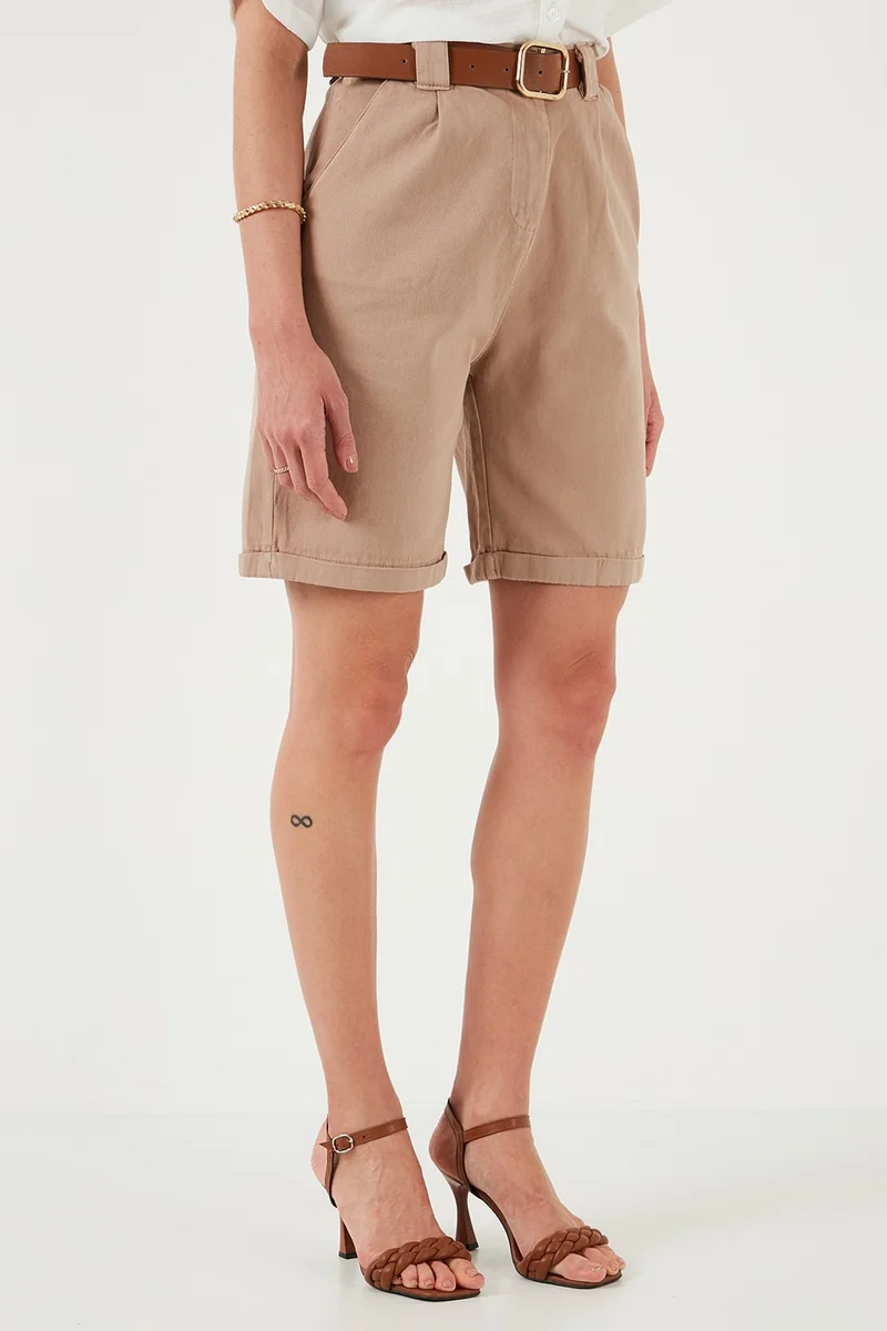 ليلا Cotton Relaxed Fit High Waist Belted Gabardine Short Women's Shorts 668YP4710