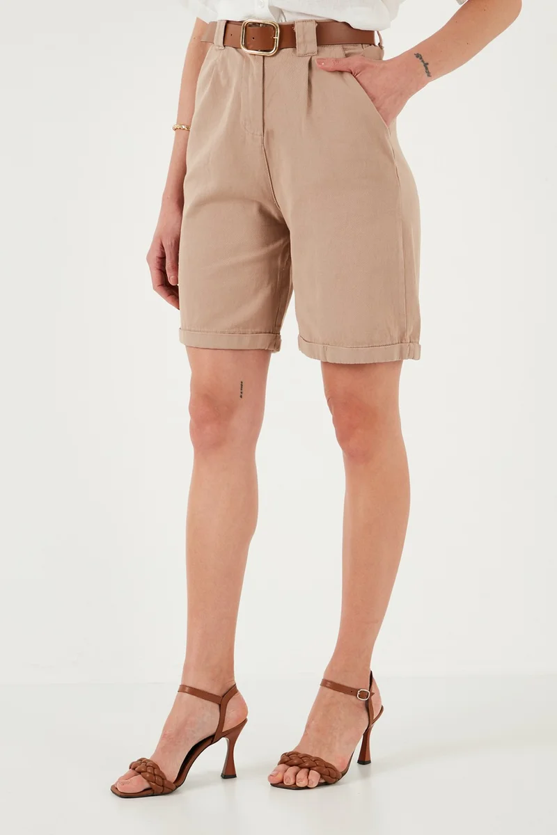 ليلا Cotton Relaxed Fit High Waist Belted Gabardine Short Women's Shorts 668YP4710