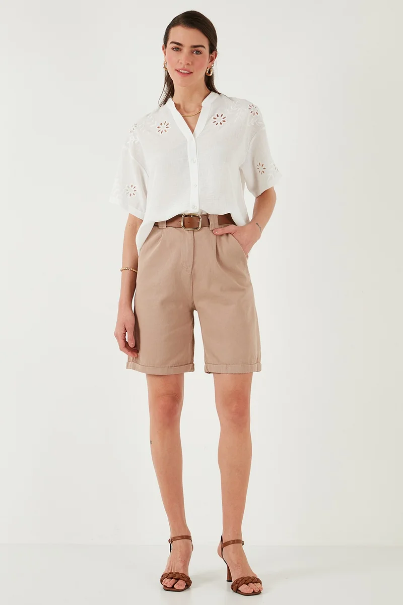 ليلا Cotton Relaxed Fit High Waist Belted Gabardine Short Women's Shorts 668YP4710