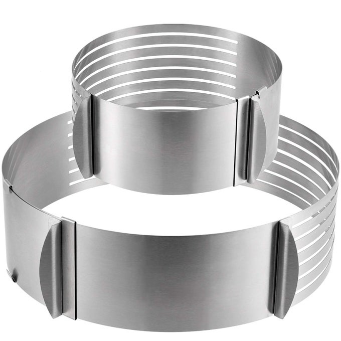 2 PACK CAKE SLICER STAINLESS STEEL CAKE CUTTER LEVELER 7LAYER 68 INCH AND 912 INCH ADJUSTABLE CAKE RING MOLDS FOR BAKING CUTTING AND SLICING CAKES SILVER