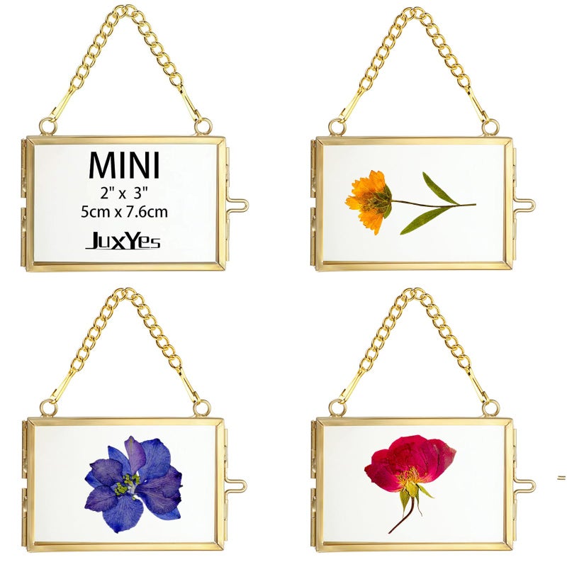 JUXYES Set of 4 Mini Brass Wall Hanging Picture Frames Glass Hanging Artwork Display with Double Glass Floating Style for Horizontal Gallery Wall Frames Gold