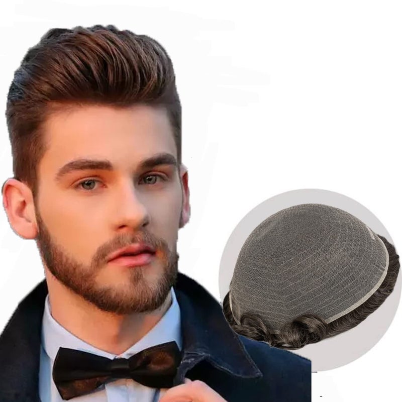 Amiable Toupee for Men Full Soft French Lace Human Hair Pieces Mens Replacement System mens toupee human hair 8X10 Inches Dark Brown Color 2
