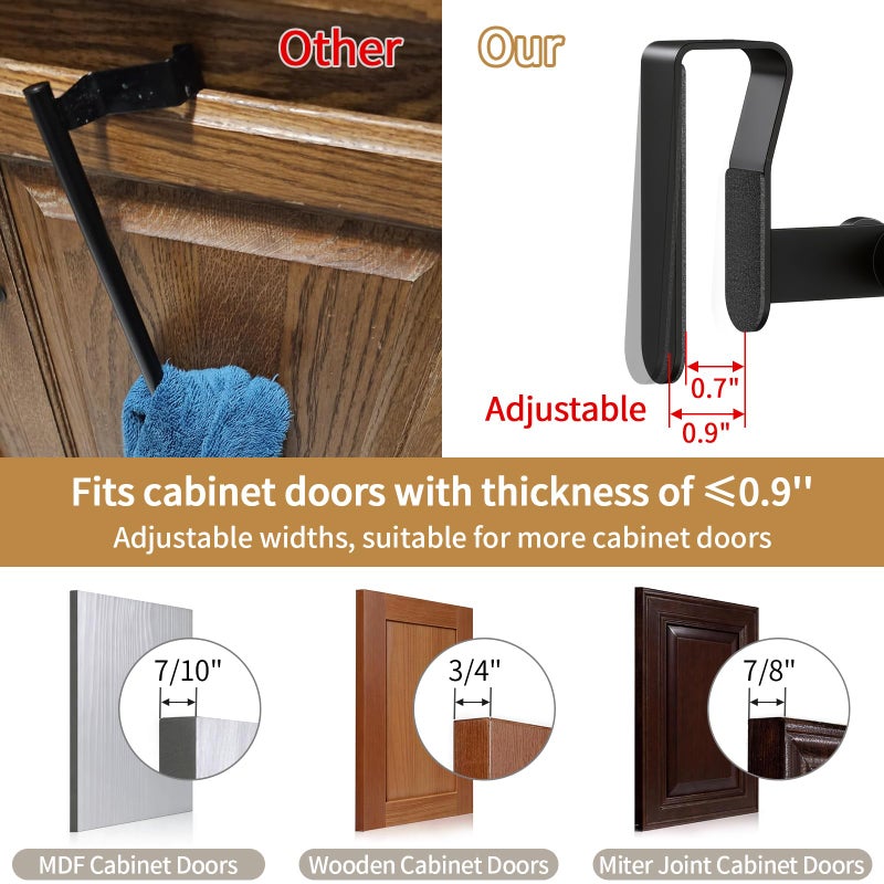 STWWO Over Cabinet Towel Holder, Stainless Steel Over The Cabinet Towel Rack Bars for Kitchen Cabinet Doors, Dish Towel Holder with Hooks, 2 Pack (Black) - Image 3