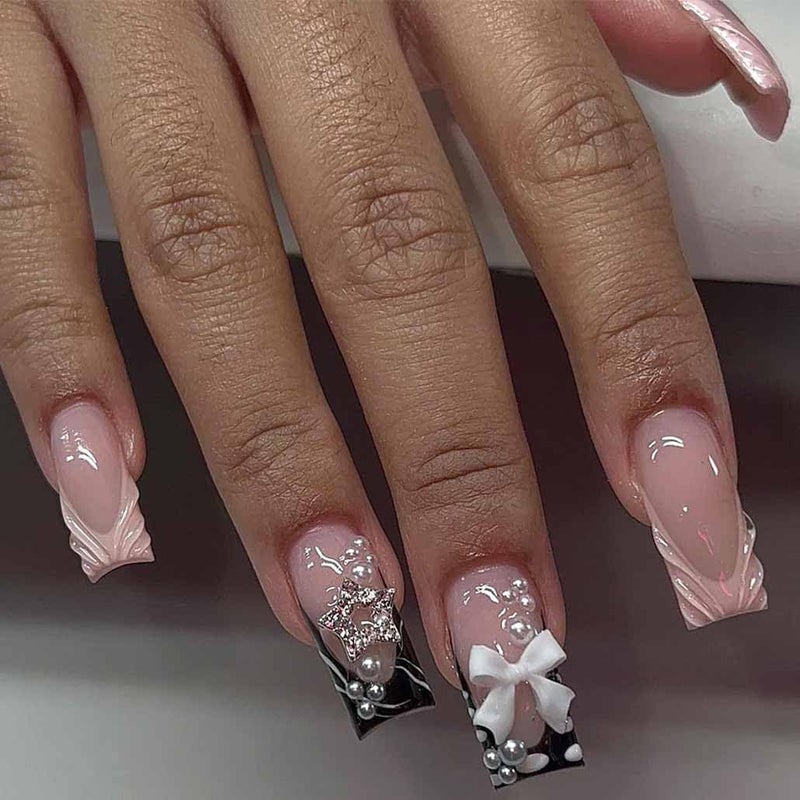 Foccna Press on Nails Medium Long Rhinestone Pink Fake Nails Square Pearl Bling Glossy 3D False Nail Tips Black Artificial Nails Finger Manicure for Women and Girls,24pcs - Image 1