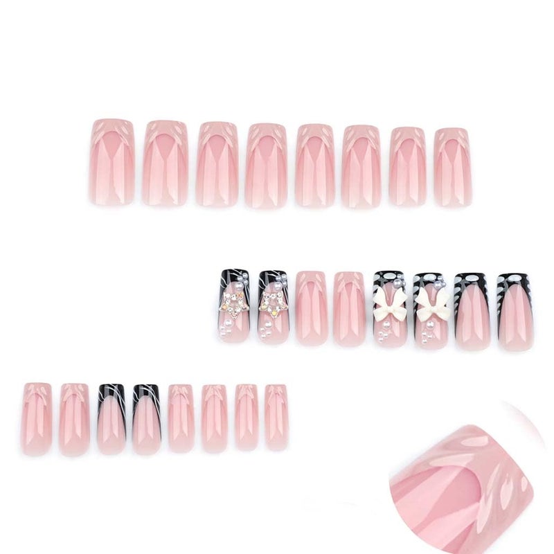 Foccna Press on Nails Medium Long Rhinestone Pink Fake Nails Square Pearl Bling Glossy 3D False Nail Tips Black Artificial Nails Finger Manicure for Women and Girls,24pcs - Image 2