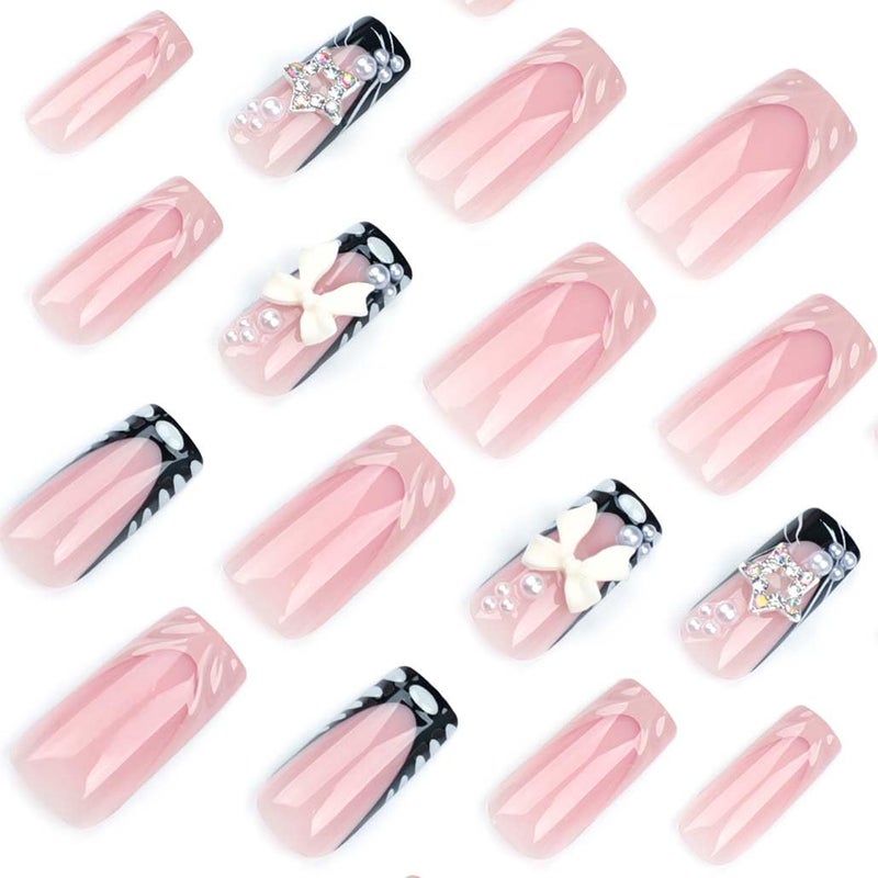 Foccna Press on Nails Medium Long Rhinestone Pink Fake Nails Square Pearl Bling Glossy 3D False Nail Tips Black Artificial Nails Finger Manicure for Women and Girls,24pcs - Image 3