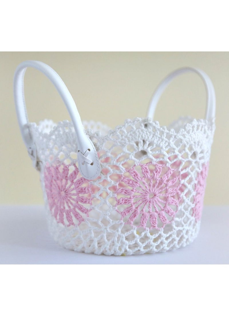 سلة لون أبيض ووردي فاتح من القطن الطبيعي متعددة الاستخدامات قياس 23 في 15 سم - Image 2