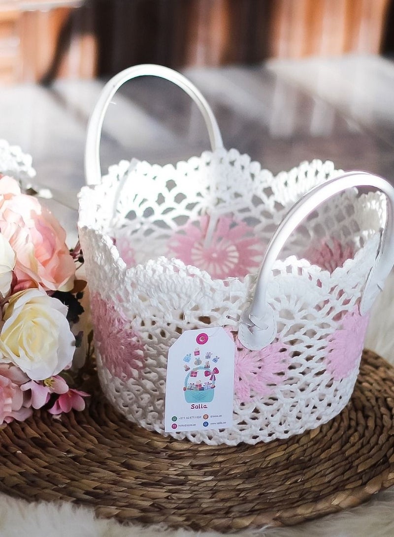 سلة لون أبيض ووردي فاتح من القطن الطبيعي متعددة الاستخدامات قياس 23 في 15 سم - Image 4