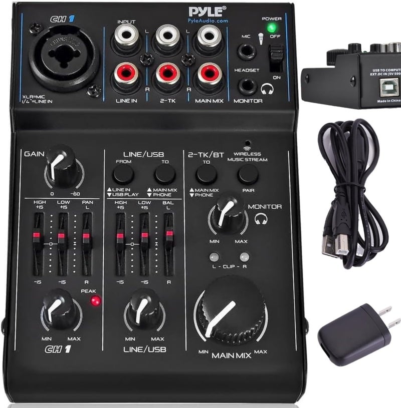 Pyle 3-Channel Bluetooth Audio Mixer - DJ Sound Controller w/ USB Soundcard for PC Recording - XLR - 3.5mm Mic Jack - 18V Phantom Power - RCA I/O - LED Indicators - Beginner & Studio Use - PAD30MXUBT - Image 1