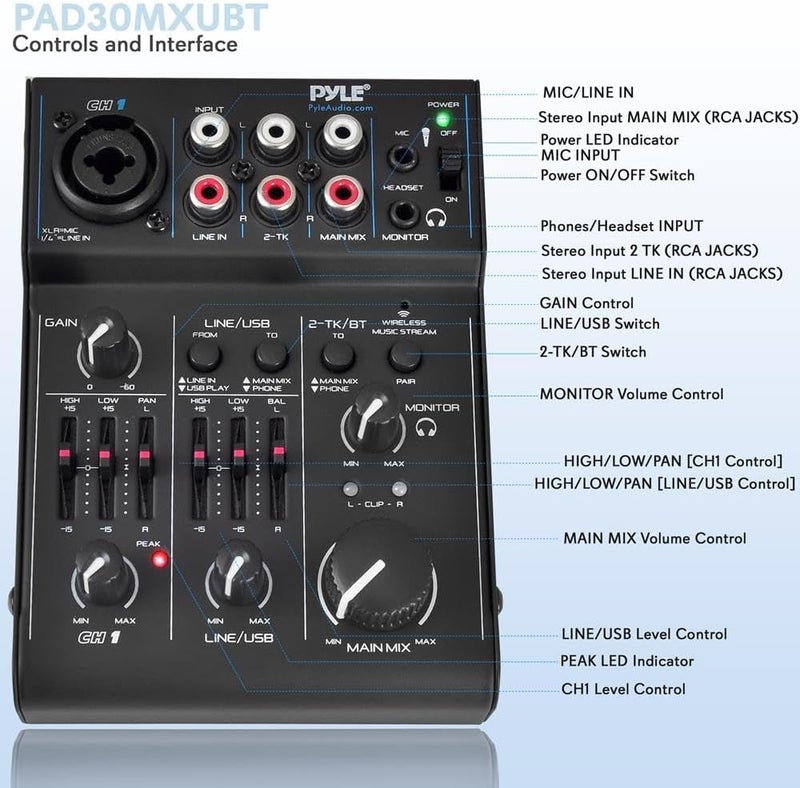 Pyle 3-Channel Bluetooth Audio Mixer - DJ Sound Controller w/ USB Soundcard for PC Recording - XLR - 3.5mm Mic Jack - 18V Phantom Power - RCA I/O - LED Indicators - Beginner & Studio Use - PAD30MXUBT - Image 2