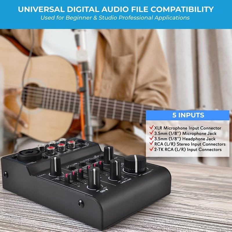 Pyle 3-Channel Bluetooth Audio Mixer - DJ Sound Controller w/ USB Soundcard for PC Recording - XLR - 3.5mm Mic Jack - 18V Phantom Power - RCA I/O - LED Indicators - Beginner & Studio Use - PAD30MXUBT - Image 5