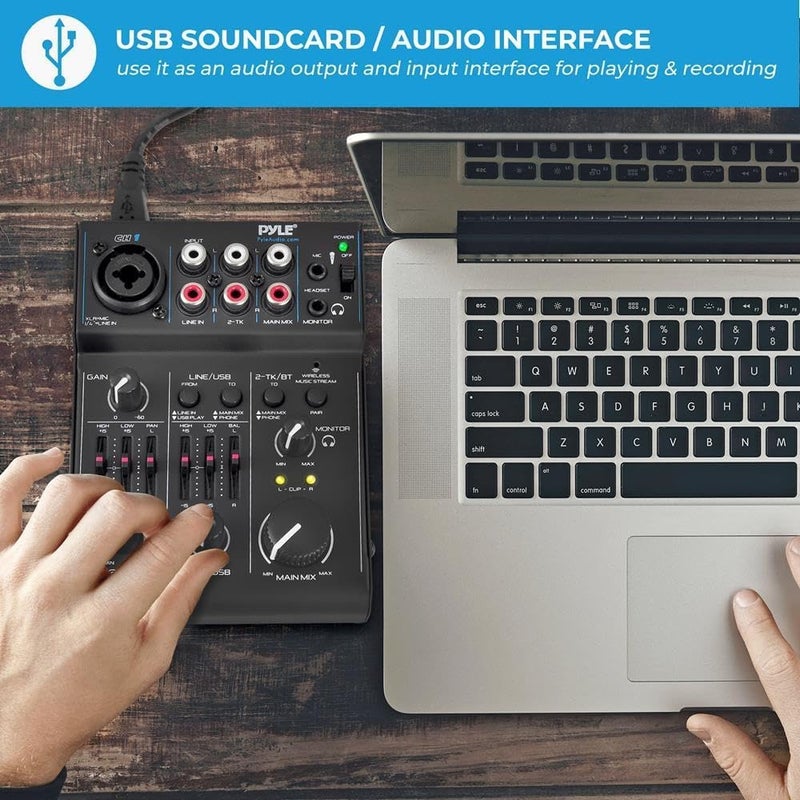 Pyle 3-Channel Bluetooth Audio Mixer - DJ Sound Controller w/ USB Soundcard for PC Recording - XLR - 3.5mm Mic Jack - 18V Phantom Power - RCA I/O - LED Indicators - Beginner & Studio Use - PAD30MXUBT - Image 4