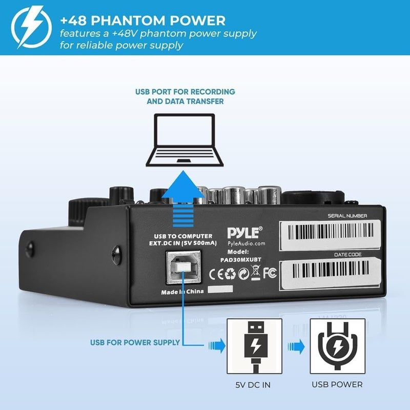 Pyle 3-Channel Bluetooth Audio Mixer - DJ Sound Controller w/ USB Soundcard for PC Recording - XLR - 3.5mm Mic Jack - 18V Phantom Power - RCA I/O - LED Indicators - Beginner & Studio Use - PAD30MXUBT - Image 3