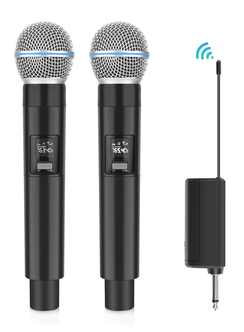 بولوز قطعتان من الميكروفون اللاسلكي، ميكروفون UHF، ميكروفون يدوي ديناميكي لاسلكي للكاراوكي والغناء، وحفلات الزفاف، والدي جي، والحفلات، والخطب، والاستخدام في الفصول الدراسية، ونظام الصوت PA، بمدى 98 قدم، باللون الأسود. - Image 1