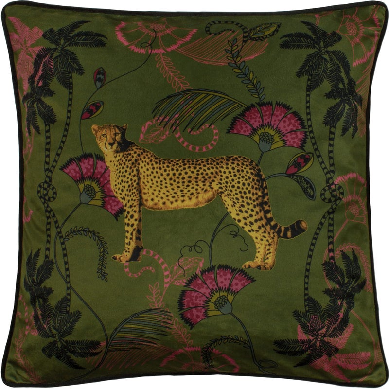 Paoletti Cheetah Velvet Cushion  Majestic Jungle Design with Piped Edge Khaki  45 x 45cm