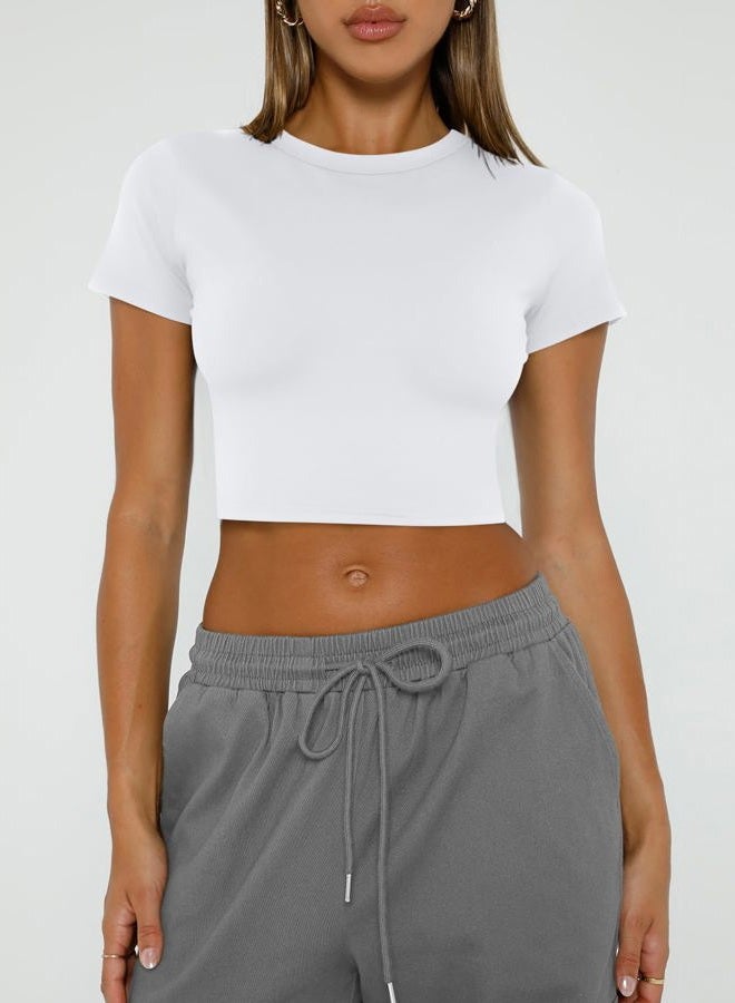 WYNNQUE Womens Crop Tops Cute Summer Scoop Neck Basic Tees Slim Fit Trendy Short Sleeve T Shirts for Teen Girls 2024 White M - Image 2