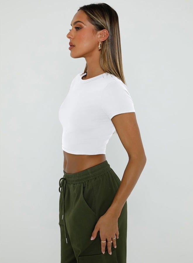 WYNNQUE Womens Crop Tops Cute Summer Scoop Neck Basic Tees Slim Fit Trendy Short Sleeve T Shirts for Teen Girls 2024 White M - Image 4