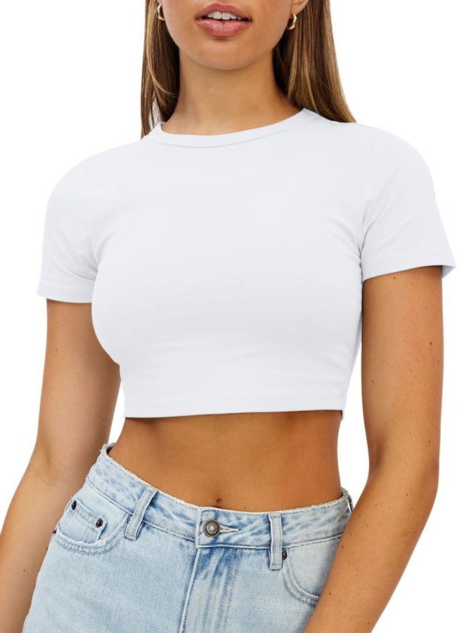 WYNNQUE Womens Crop Tops Cute Summer Scoop Neck Basic Tees Slim Fit Trendy Short Sleeve T Shirts for Teen Girls 2024 White M - Image 1