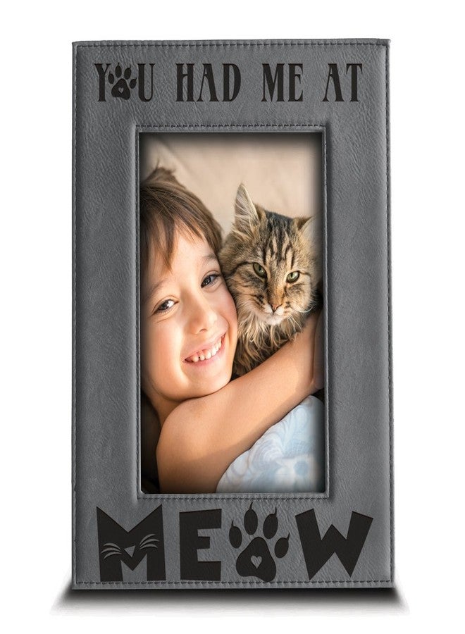 BELLA BUSTA- You Had Me At Meow- Cat Frame-Pet Frame-Engraved Leather Picture Frame(4 x 6 Vertical) - Image 1