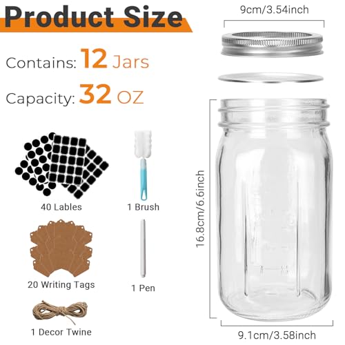 CycleMore Wide Mouth Mason Jars 32 oz, 12 Pack Large Glass Mason Jar with Metal Airtight Lids and Bands, 1 Quart Canning Jars for Pickling, Fermenting, Food Storage & DIY Projects - Image 2
