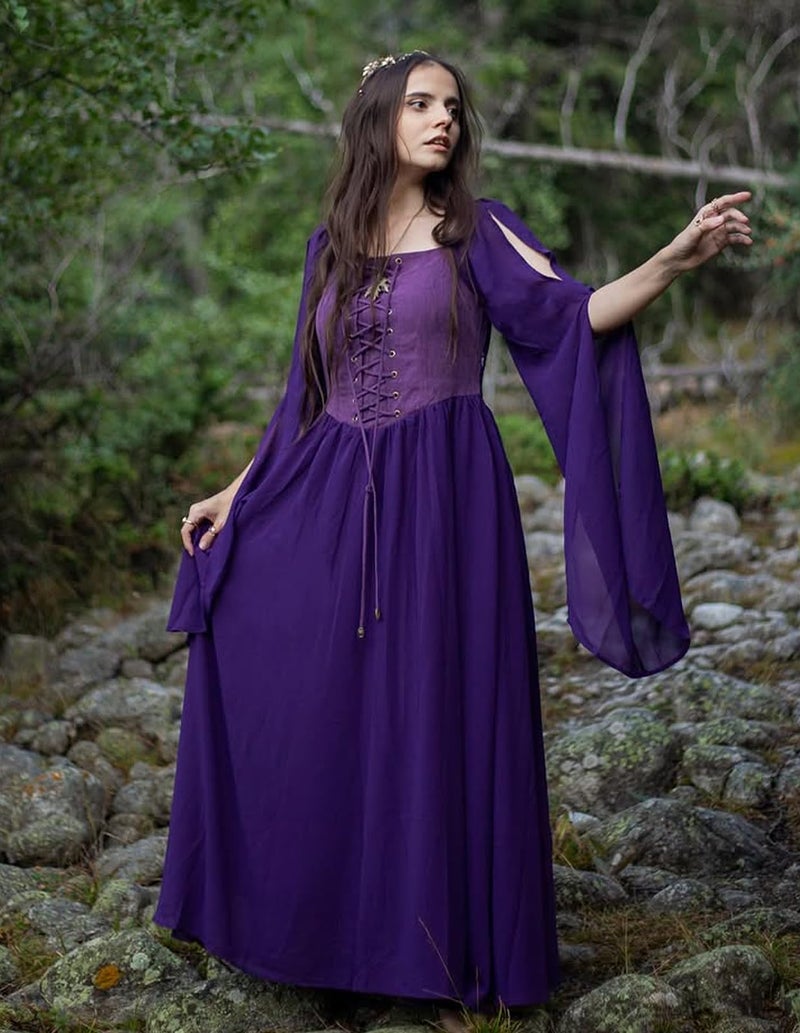 Scarlet Darkness Renaissance Dress Women Medieval Witch Costume Slit Sleeve Long Flowy Fairy Dresses Purple Xl - Image 3