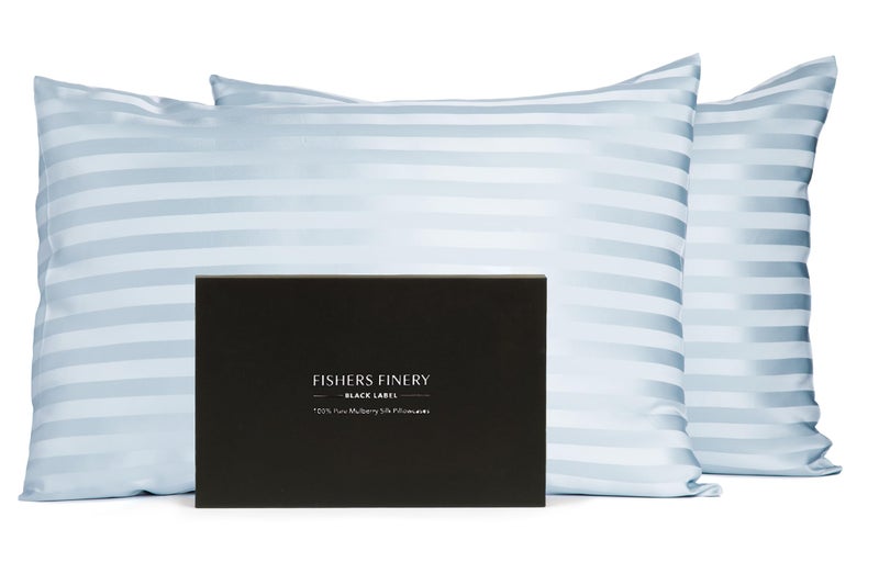 Fishers Finery Fishers Finery 30mm 100% Pure Mulberry Silk Pillowcase Set  Good Housekeeping Quality Tested (Blue Stripe  King  2 Pack Set)  - Image 1