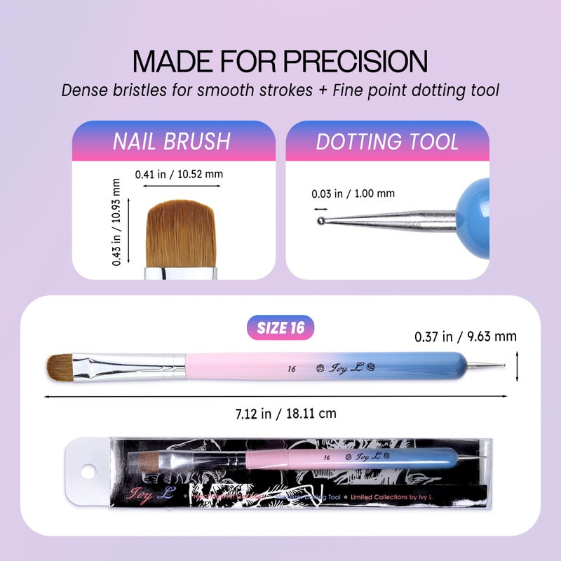 Pana Ivy-L Premium 2 Way French Gel Acrylic Nail Art Kolinsky Brush With Dotting Tool for Professional Manicure Cuticle Clean Up Nail Art Design, Pink Blue Wood Handle (Size 16) - Image 1