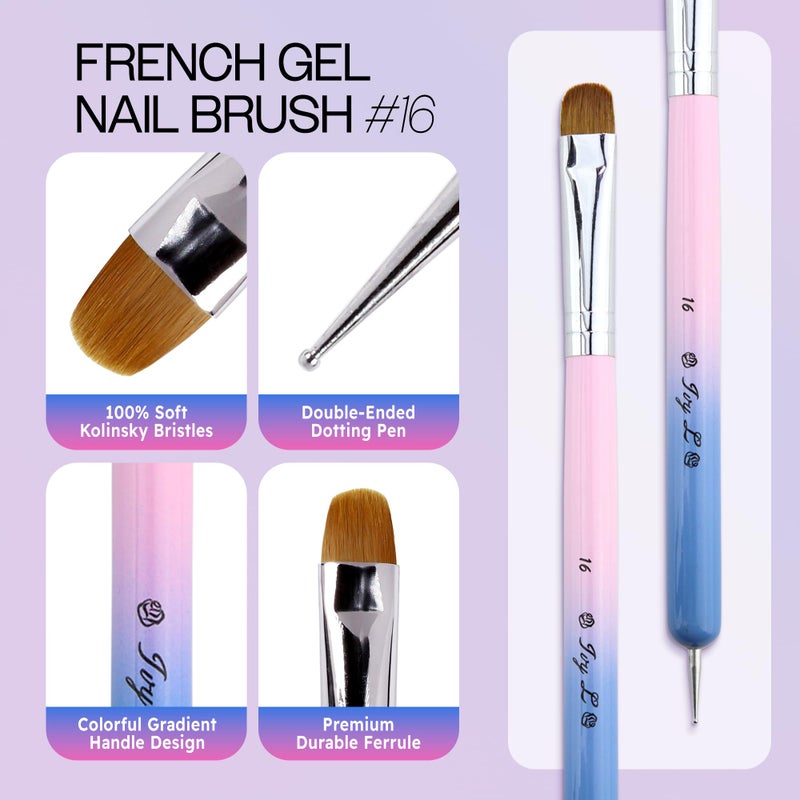 Pana Ivy-L Premium 2 Way French Gel Acrylic Nail Art Kolinsky Brush With Dotting Tool for Professional Manicure Cuticle Clean Up Nail Art Design, Pink Blue Wood Handle (Size 16) - Image 2