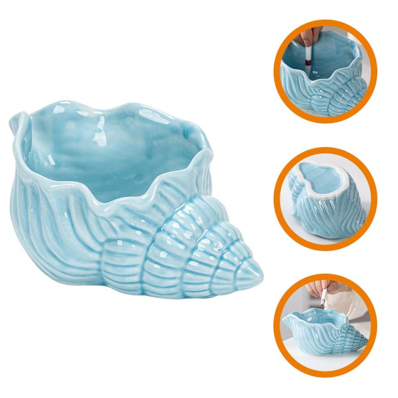 Large Blue Ceramic Conch Shell Ashtray Tabletop Ash Container for Home Living Room - Image 4