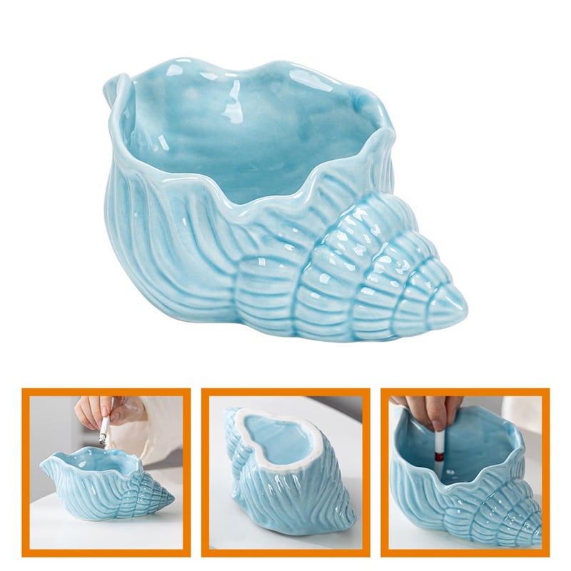 Large Blue Ceramic Conch Shell Ashtray Tabletop Ash Container for Home Living Room - Image 5