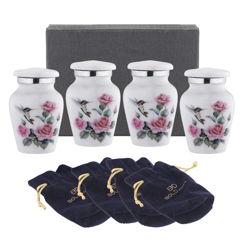 BOLD  DIVINE Hummingbird Printed White Keepsake Urns  Small  Mini Urns Set of 4  for Human or Pet Ashes