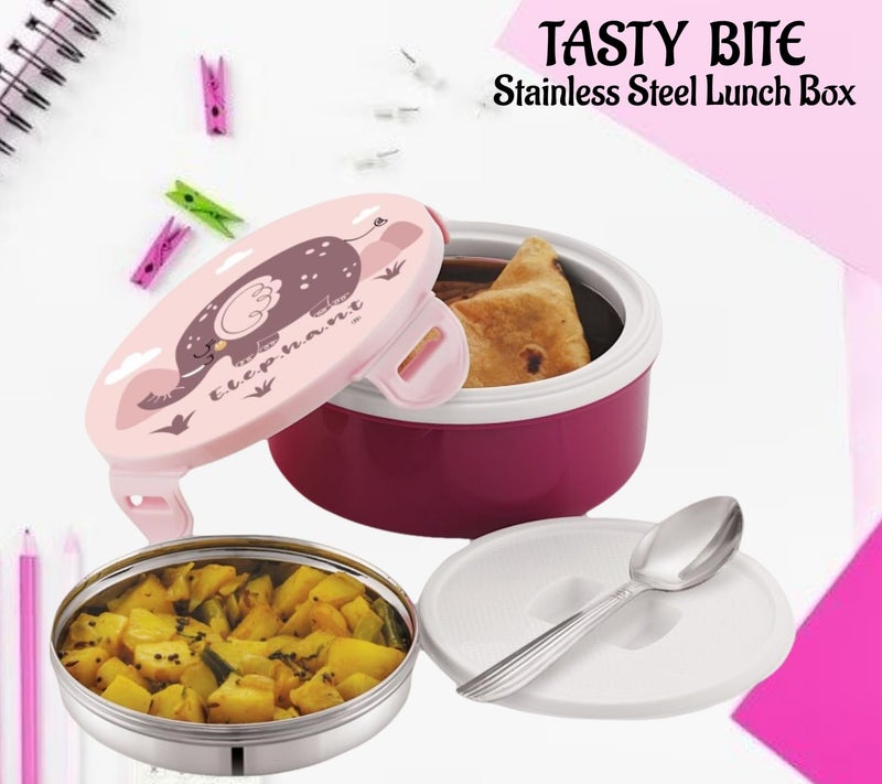 Nabhya Tasty Bites Stainless Steel Leak-Proof Snacks Lunch Box for Kids, Outer Plastic Inner Steel Lunch Box with Container & Steel Spoon Lunch Box for School Kids (Pink) - Image 2