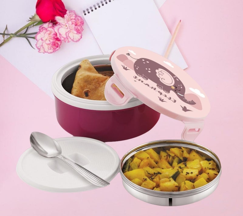 Nabhya Tasty Bites Stainless Steel Leak-Proof Snacks Lunch Box for Kids, Outer Plastic Inner Steel Lunch Box with Container & Steel Spoon Lunch Box for School Kids (Pink) - Image 4