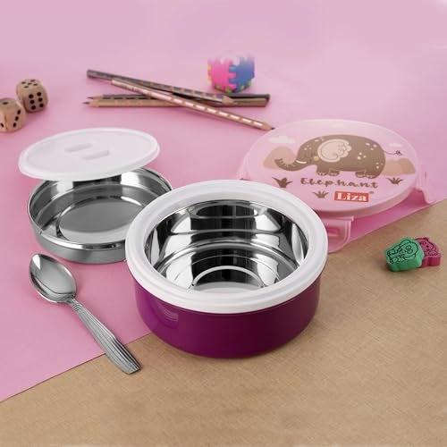 Nabhya Tasty Bites Stainless Steel Leak-Proof Snacks Lunch Box for Kids, Outer Plastic Inner Steel Lunch Box with Container & Steel Spoon Lunch Box for School Kids (Pink) - Image 1