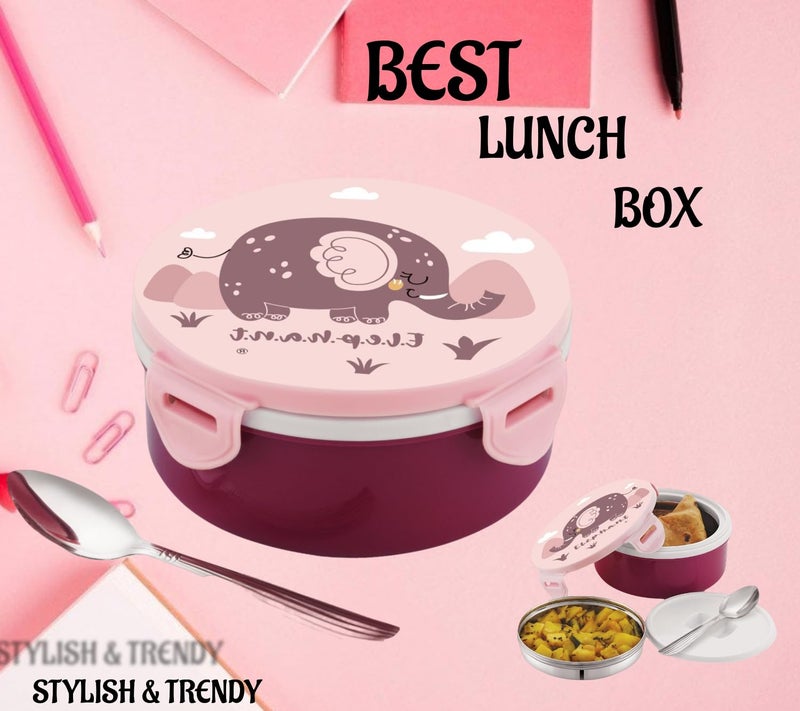 Nabhya Tasty Bites Stainless Steel Leak-Proof Snacks Lunch Box for Kids, Outer Plastic Inner Steel Lunch Box with Container & Steel Spoon Lunch Box for School Kids (Pink) - Image 3