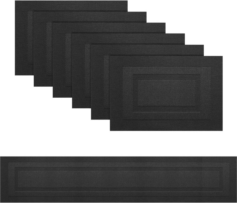 pigchcy Placemats and Table Runner Set, Black - Pure, 6pcs + 1pcs, 18x12 inches (Placemats) + 76x12 (Table Runner), Heat Insulation, Vinyl Cross-Weave, Washable, Non-Slip - Image 1