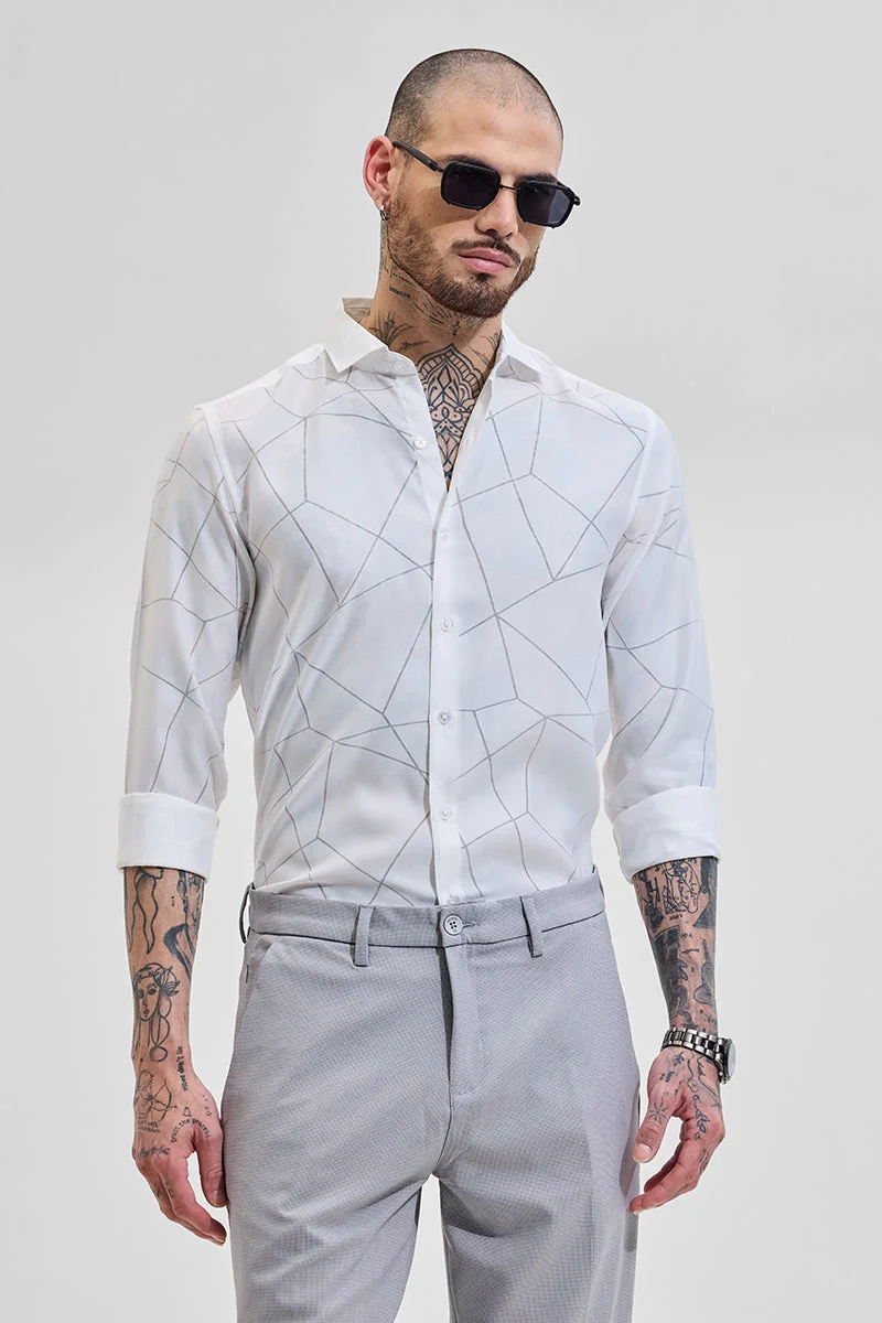 SNITCH White Geometric Long Sleeve Slim Fit Shirt