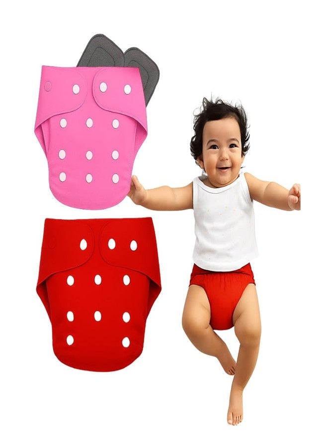 Softlia Reusable Baby Cotton Cloth Diapers - Adjustable & Washable with Insert Pads for 0-3 Years | Soft, Waterproof & Eco-Friendly (red, One Size) - Image 1